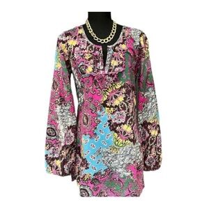 Wild boho print tunic w/embroidery trim
